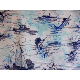 TISSU COTON IMPRIME BATEAUX ET POISSONS A0089