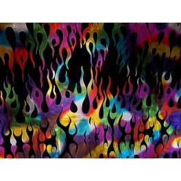 TISSU JERSEY IMPRIMÉ FLAMMES MULTICOLORES FOND NOIR A0002