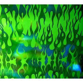 TISSU JERSEY IMPRIMÉ FLAMMES MULTICOLORES FOND VERT A0005