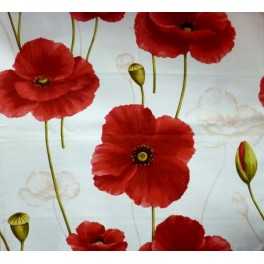 TISSU AMEUBLEMENT FLEURS COQUELICOTS FOND BLANC CASSE A0056