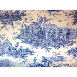 TISSU TOILE DE JOUY HISTOIRE D'EAU BLEU FOND BLANC A0008