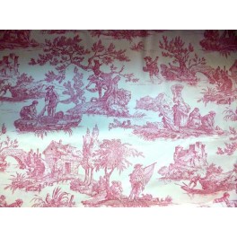 TISSU TOILE DE JOUY HISTOIRE D'EAU ROSE FOND BLANC A0011