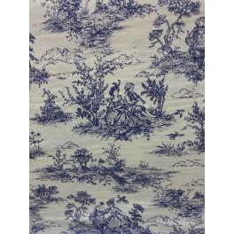 TISSU TOILE DE JOUY HISTOIRE D'EAU BLEU FOND BLANC CASSE A0012