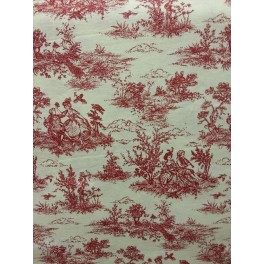 TISSU TOILE DE JOUY HISTOIRE D'EAU ROUGE FOND BLANC CASSE A0012