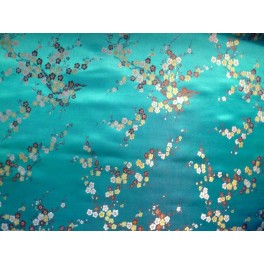 TISSU CHINOIS IMPRIME FLEURS TURQUOISE  A0023