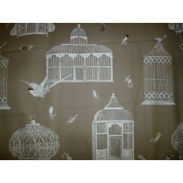 TISSU AMEUBLEMENT BAGATELLE IMPRIME CAGES A OISEAUX FOND MARRON CLAIR A0005