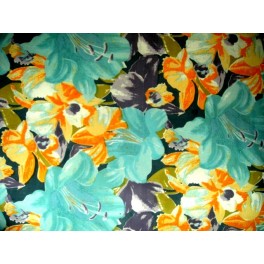 TISSU SOIE SAUVAGE IMPRIME FLEURS TURQUOISES et JAUNES A0010