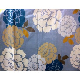 TISSU SOIE SAUVAGE IMPRIME FLEURS BLANC,JAUNE,BLEU  fond BLEU CIEL A0013