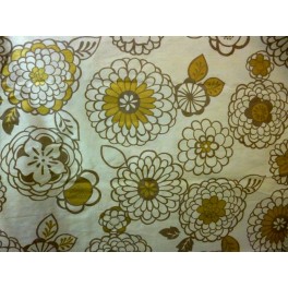 TISSU SOIE SAUVAGE IMPRIME FLEURS fond JAUNE TRÈS PÂLE A0015