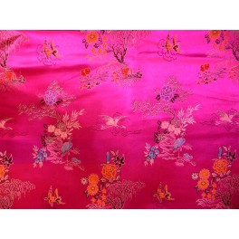 TISSU CHINOIS OISEAUX ET FLEURS FOND FUSHIA  A0004