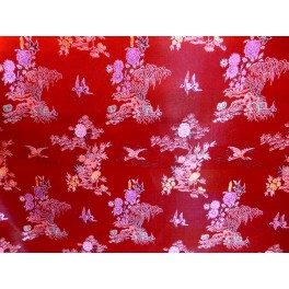 TISSU CHINOIS OISEAUX ET FLEURS FOND ROUGE  A0006