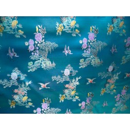 TISSU CHINOIS OISEAUX ET FLEURS FOND TURQUOISE  A0008