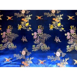 TISSU CHINOIS IMPRIME FLEURS ET OISEAUX FOND BLEU MARINE A0018